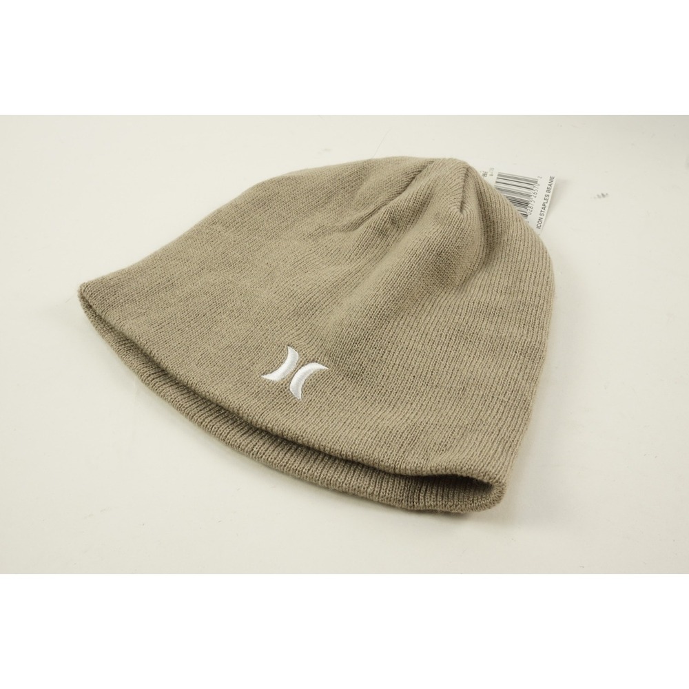 New Hurley Icon Staples Skater Beanie Hat Knit Beige Tan One Size Stretch w Logo